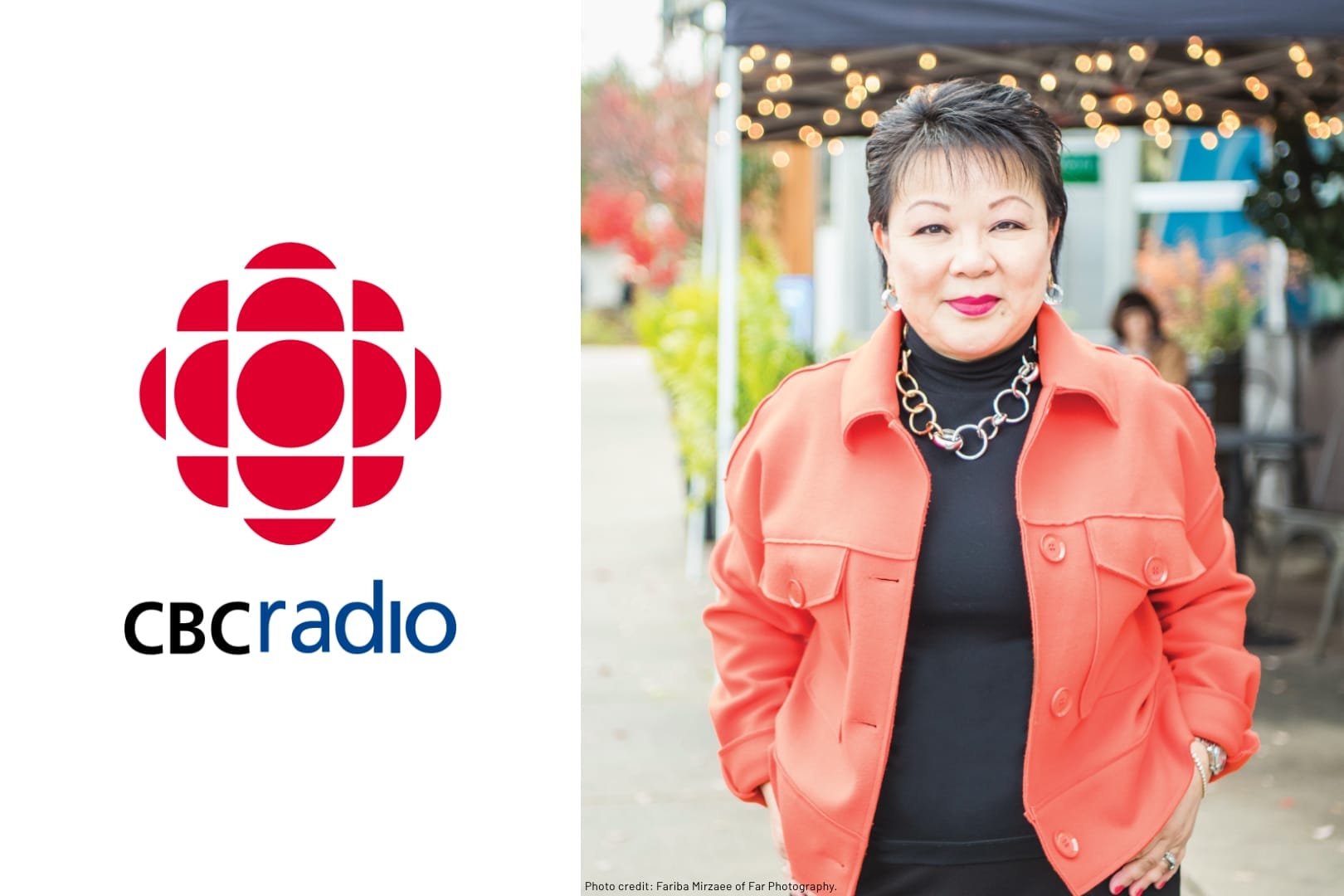 Linda Chu smiling at camera with CBC Radio logo for interview about the Great Stuff Transfer