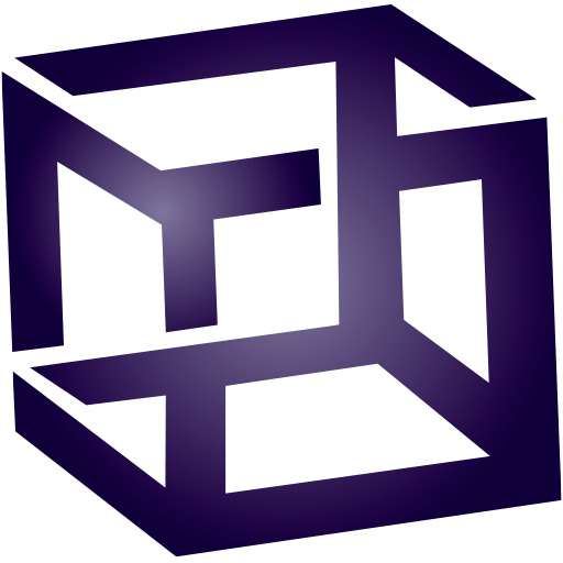 A purple geometric cube with intersecting paths on a white background