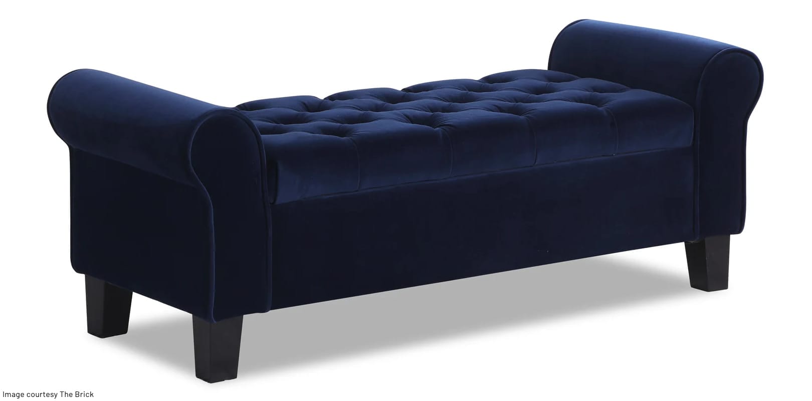 blue velvet bench with rolled arms and interior storage