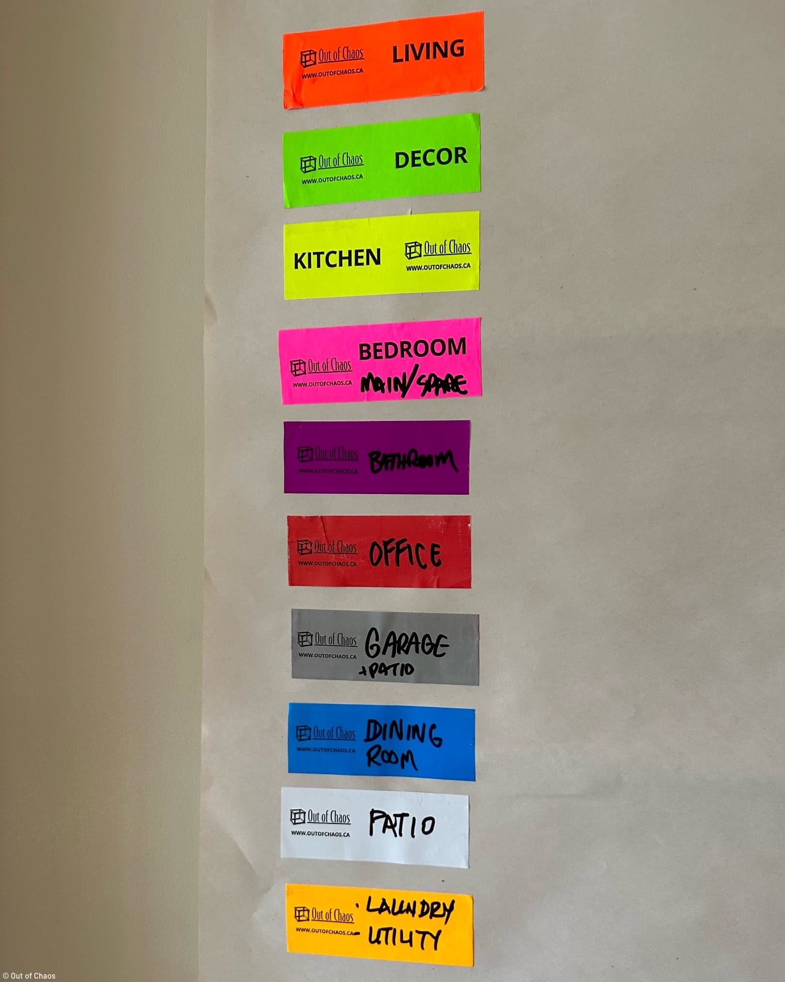 brightly coloured stickers on a paper with words indicating which colour of sticker is used for which room when moving